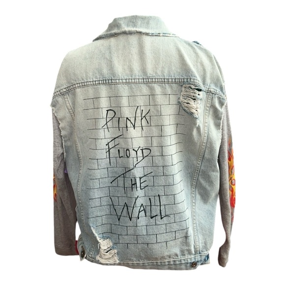 Carmar Denim Jacket w/Flames on Sleeves,”Pink Floyd The Wall”, P2P:23.5”, L:25” - Picture 4 of 14